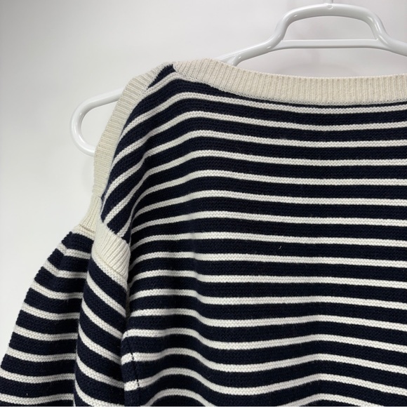 ANN MASHBURN Sweater Womens Medium Boat Neck Wool Navy Cold Shoulder Striped - Picture 10 of 13